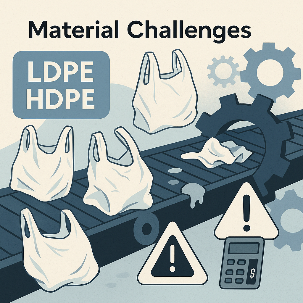 an illustration of a material challenges while plastic bag recycling 