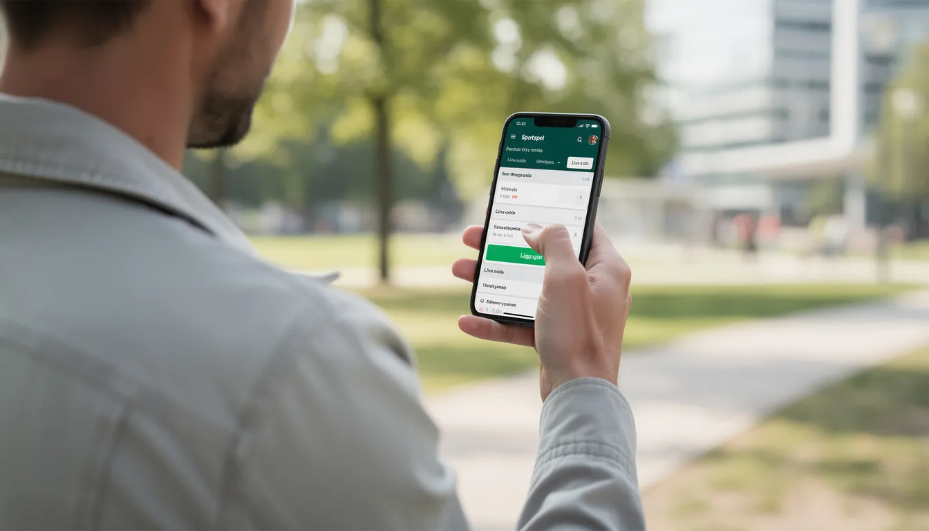 En person står utomhus och använder sin smartphone för att lägga sportspel. I bakgrunden syns en grön park, och personen verkar fokuserad på att navigera på en bettingsida med svensk licens.