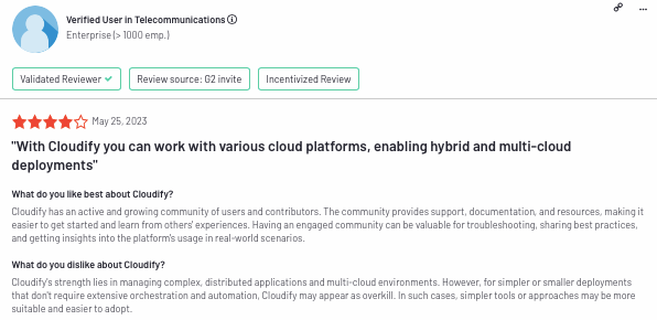 The visual is a user review for Cloudify, a Cloud orchestration tool.