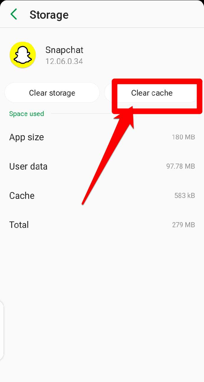 Screenshot showing how to clear your snapchat app cache on Android