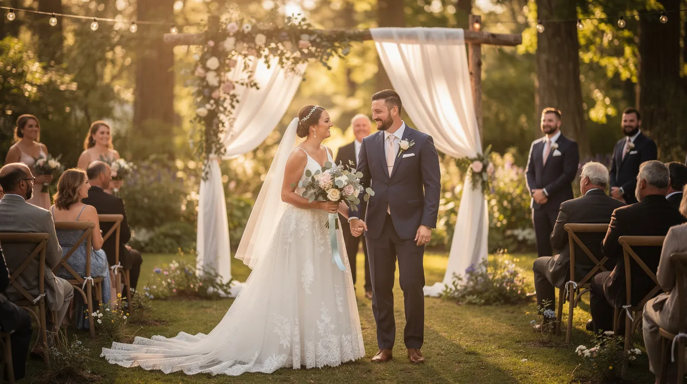 A couple stands joyfully outside during their wedding ceremony, surrounded by nature and loved ones, celebrating their commitment to each other. This moment marks the beginning of their dating journey towards a long-term relationship filled with meaningful connections.