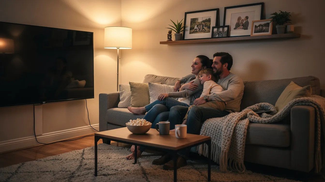 A family is comfortably seated on a couch in a cozy living room, enjoying a movie together on a large screen TV. The scene captures a warm atmosphere, perfect for watching live TV channels and streaming content with high picture quality.