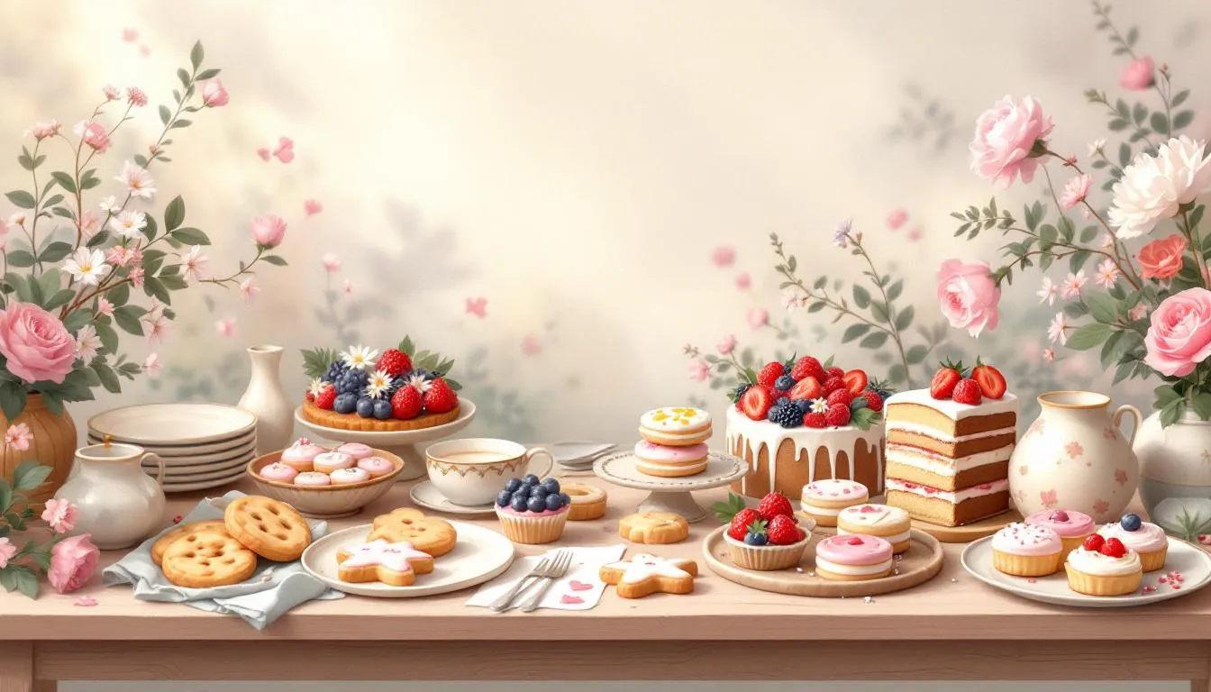 A variety of sweet treats for Mother's Day, including cookies and cakes, perfect for edible gifts you can make at home.