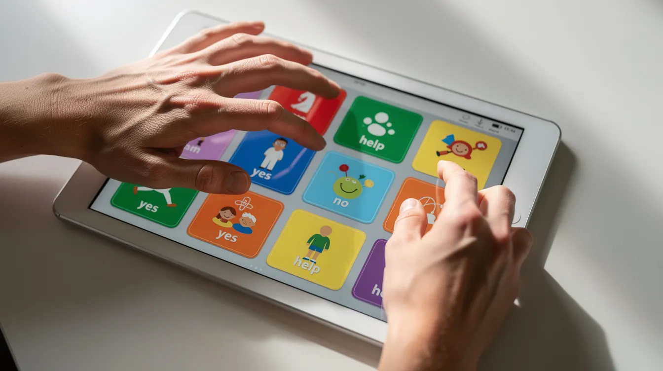 The image depicts hands interacting with a colorful communication device featuring various symbol buttons, designed to aid individuals with speech difficulties. This innovative tool supports speech therapy and alternative communication, helping children and patients track progress and improve their communication skills through engaging, real-time feedback.