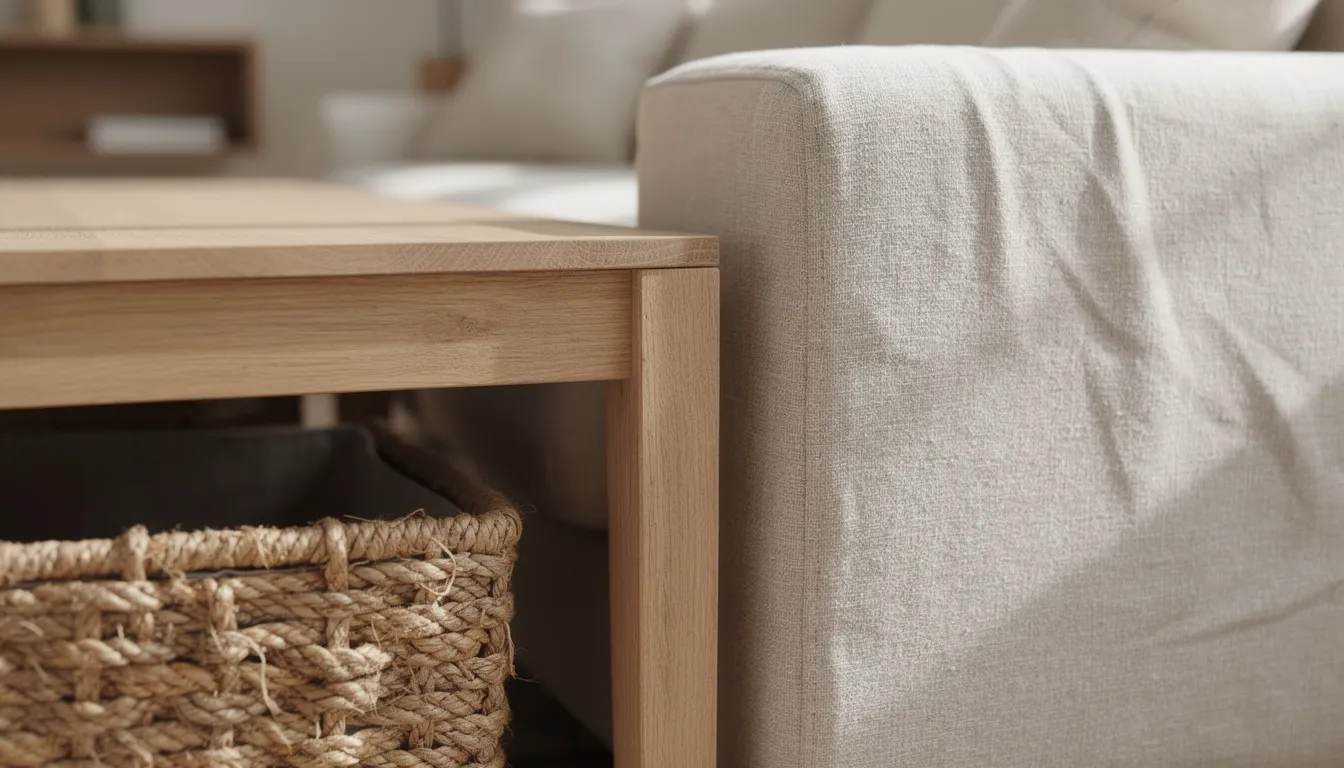 A close-up view of a minimalist living room showcases layered textures, featuring a natural-wood side table beside a linen sofa, with a woven basket beneath. The arrangement emphasises a neutral palette and clean lines, contributing to a visually interesting yet uncluttered space.