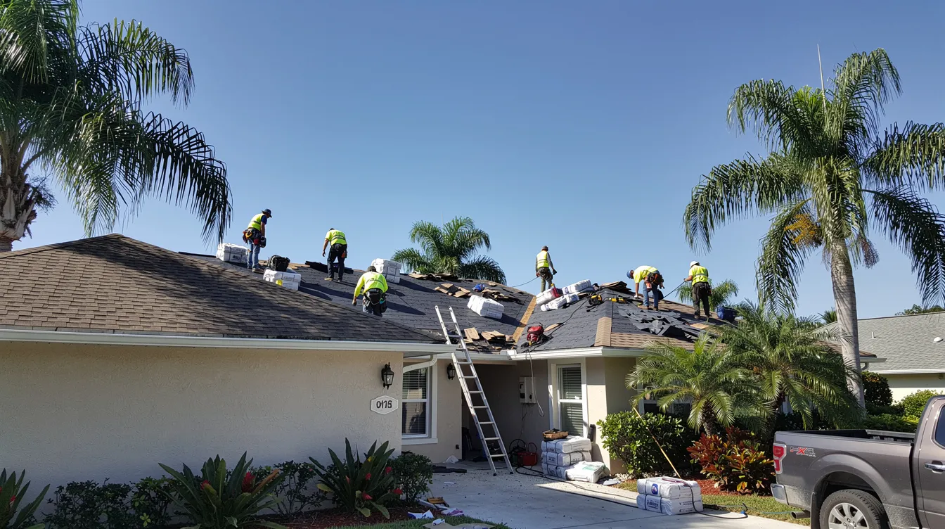 The image depicts a team of workers performing residential roofing work on a Florida home, with lush palm trees swaying in the background. This scene highlights the importance of local businesses in the community, emphasizing the need for effective local SEO strategies to enhance their online visibility and attract potential customers.