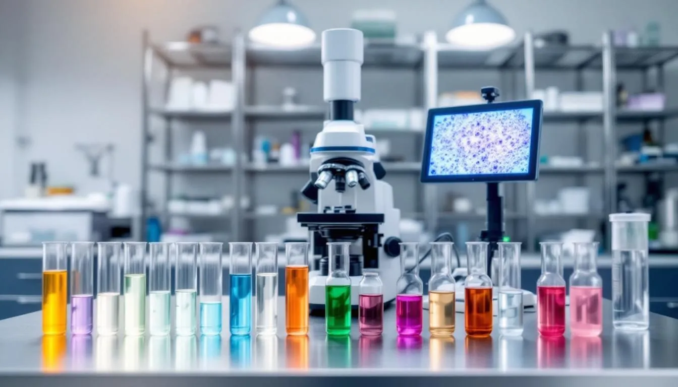 The image shows a laboratory setup featuring test tubes and a microscope, essential tools for veterinary diagnostics, particularly for diagnosing mastitis in female dogs. This scene emphasizes the importance of laboratory tests in identifying bacterial infections that affect the mammary glands, which can lead to conditions such as acute or chronic mastitis.