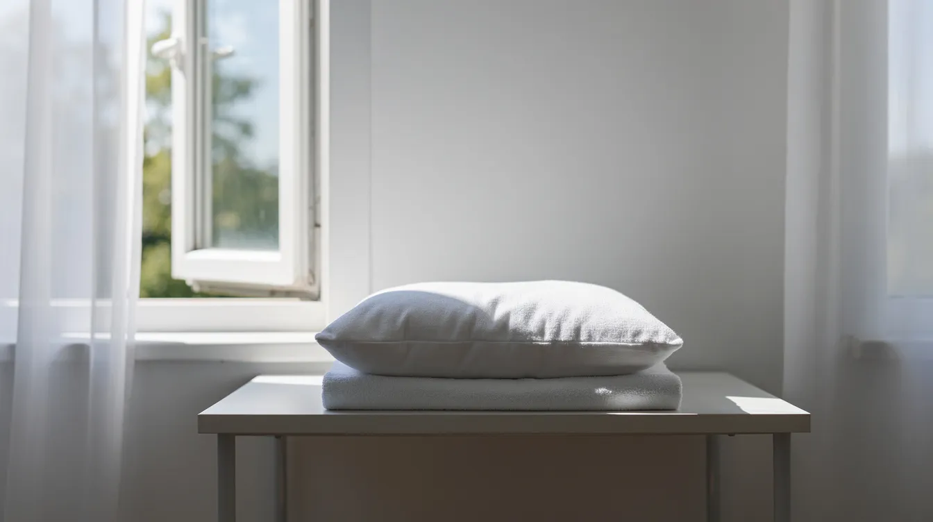 A small microbead pillow is laying flat on a white towel beside an open window, allowing natural light to illuminate its surface. This travel neck pillow is ready for cleaning, with care instructions suggesting a gentle cycle in the washing machine and air drying completely to maintain its shape and hygiene.