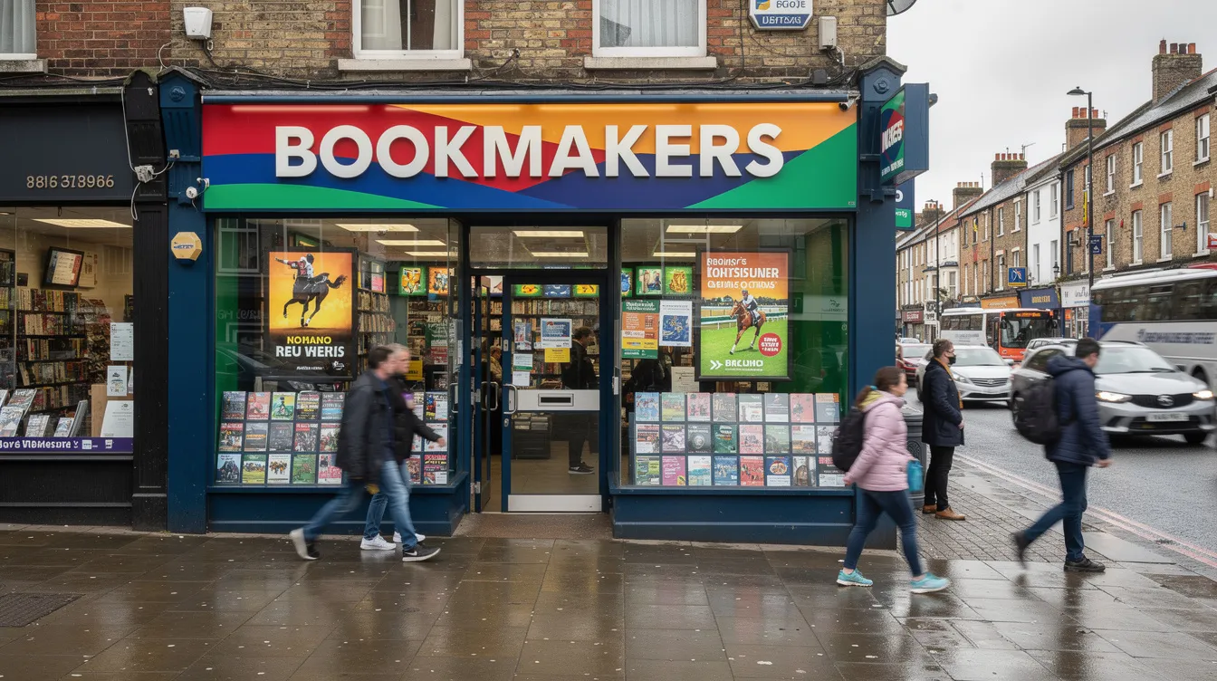 The image depicts the exterior of a typical UK high-street bookmaker shop bustling with activity, showcasing a bright sign displaying various betting options. This setting highlights the vibrant atmosphere of gambling sites, where individuals engage in various gambling activities on the pavement outside.