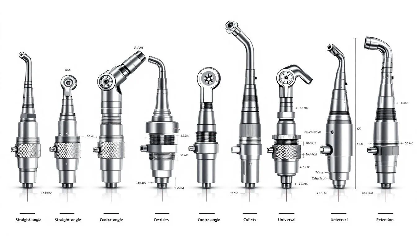 The image displays a comparison of various handpiece coupling systems, showcasing high speed handpieces alongside slow speed handpieces, including options like air motors and electric motors. It highlights the differences in design and performance, emphasizing features such as push button chucks and the efficiency of each system in dental procedures.