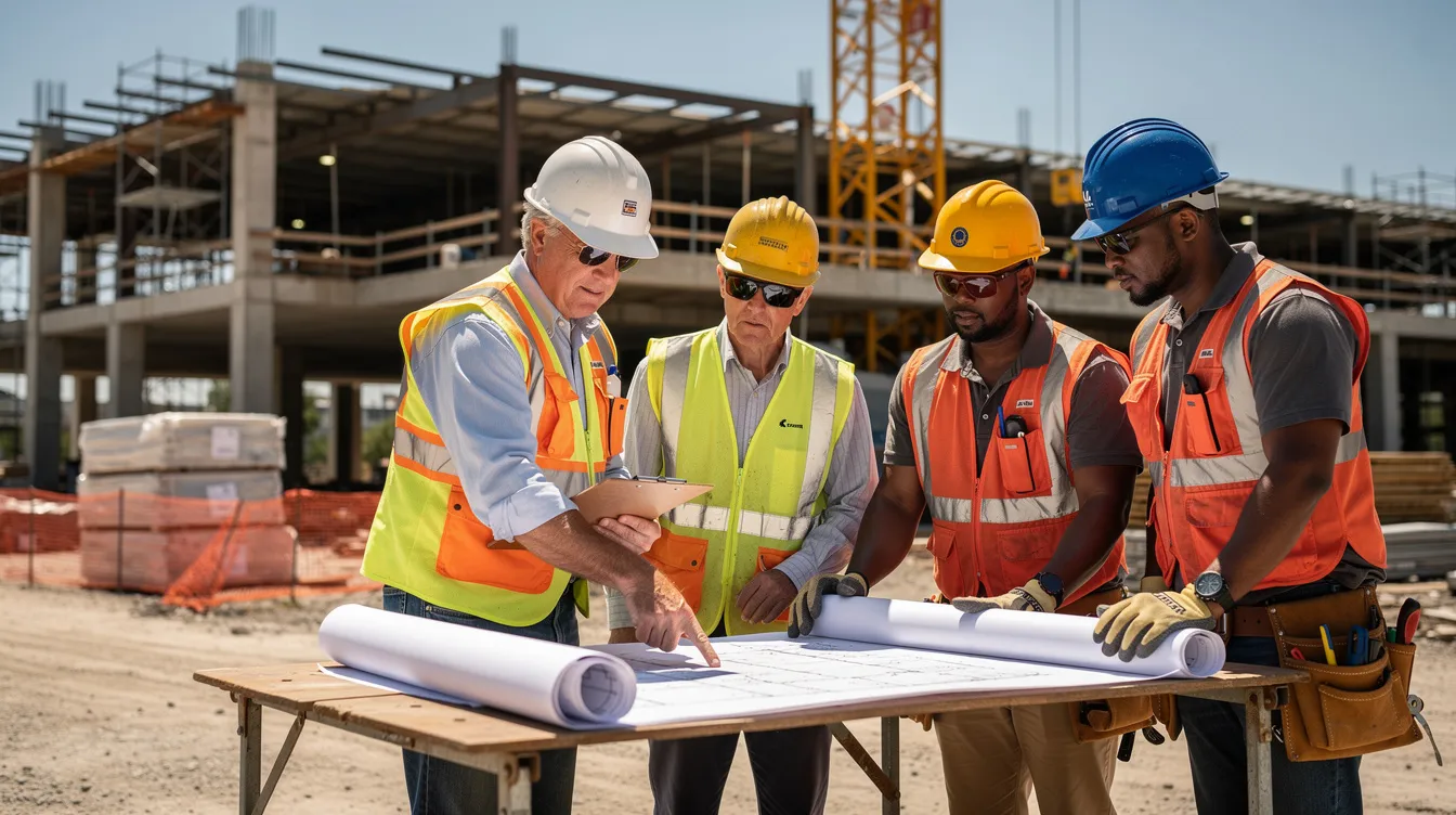 A construction superintendent and crew members are gathered at a commercial job site, collaboratively reviewing project plans to ensure effective project management and risk assessment. This teamwork is essential for identifying project risks and controlling costs, ultimately contributing to the success of the construction project.