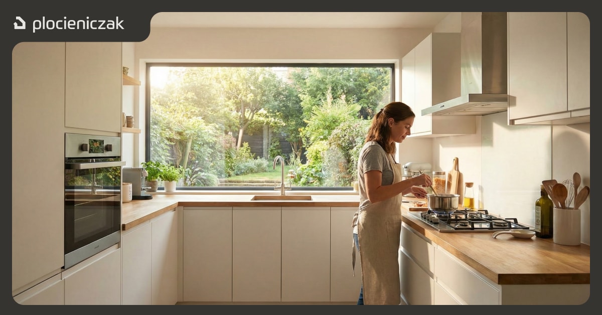 Kuchnia z panoramicznym oknem i widokiem na ogród - naturalne światło oświetla przestrzeń roboczą