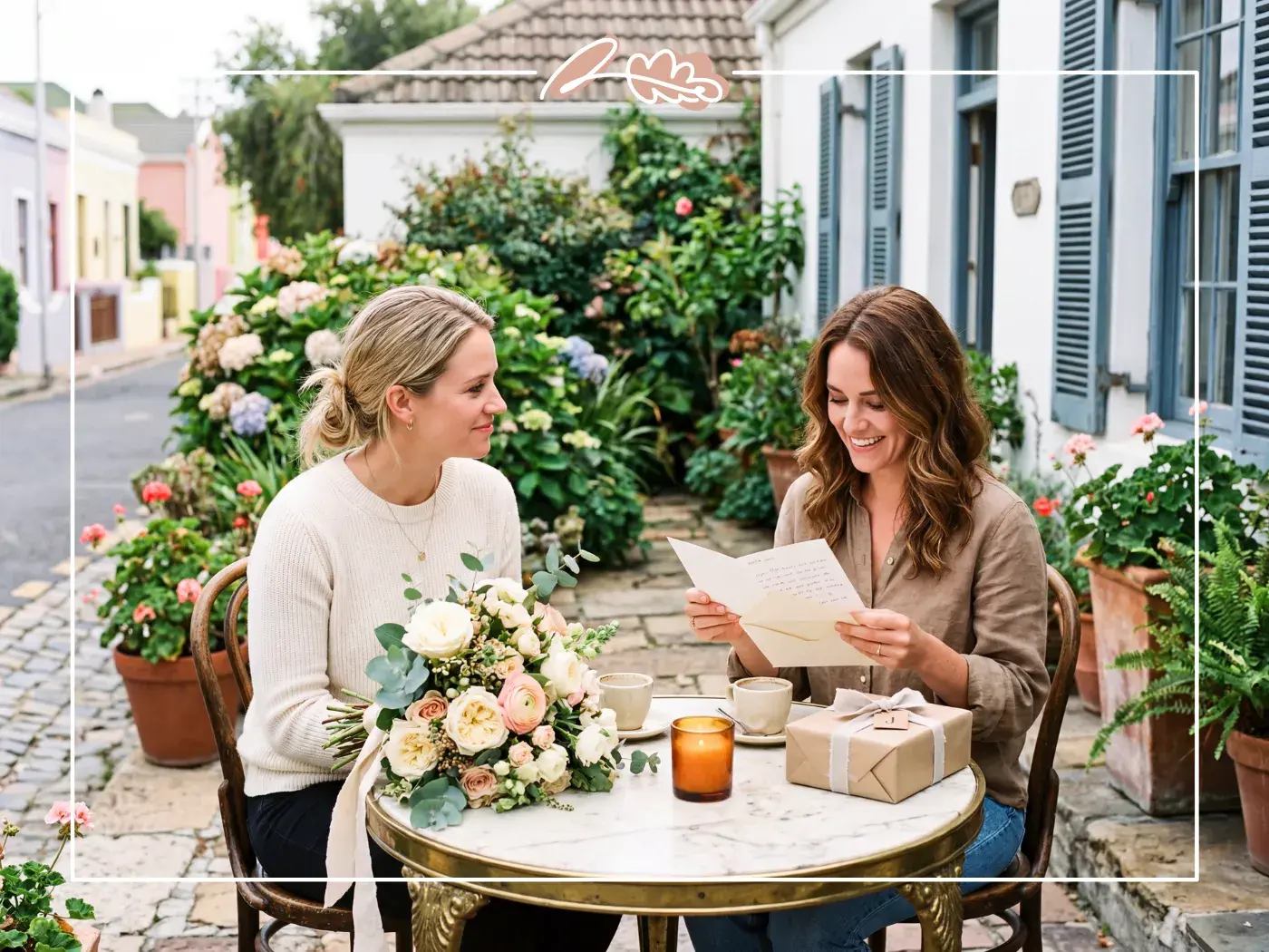 Best friend reading a handwritten birthday card with bouquet of garden roses and wrapped gift on a Cape Town cobblestone street from Fabulous Flowers