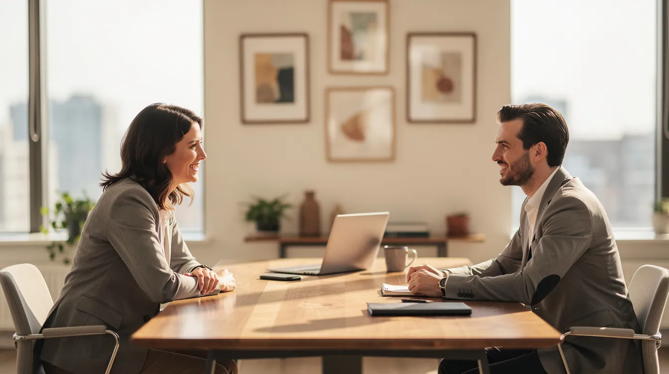 The image shows two individuals engaged in a warm conversation across a desk in a well-lit professional office, highlighting the importance of human connection in financial advisory. This scene emphasizes the role of human advisors in providing personalized financial guidance and emotional intelligence that AI tools cannot fully replicate.