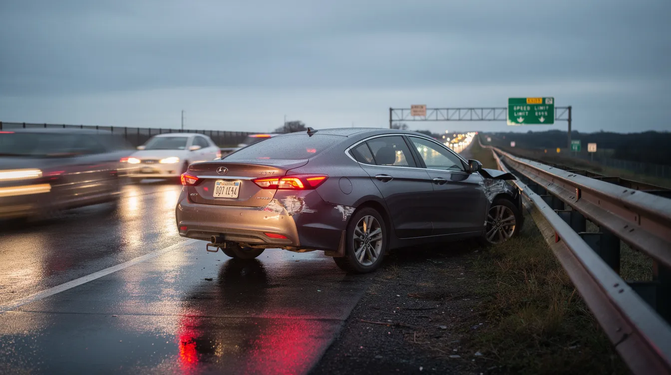 The image shows a car with minor rear-end damage parked on the shoulder of a highway, its hazard lights flashing to alert other drivers. This scene could represent a situation where the driver might need to file an insurance claim with their insurance company to cover repair costs and vehicle damage after an auto accident.