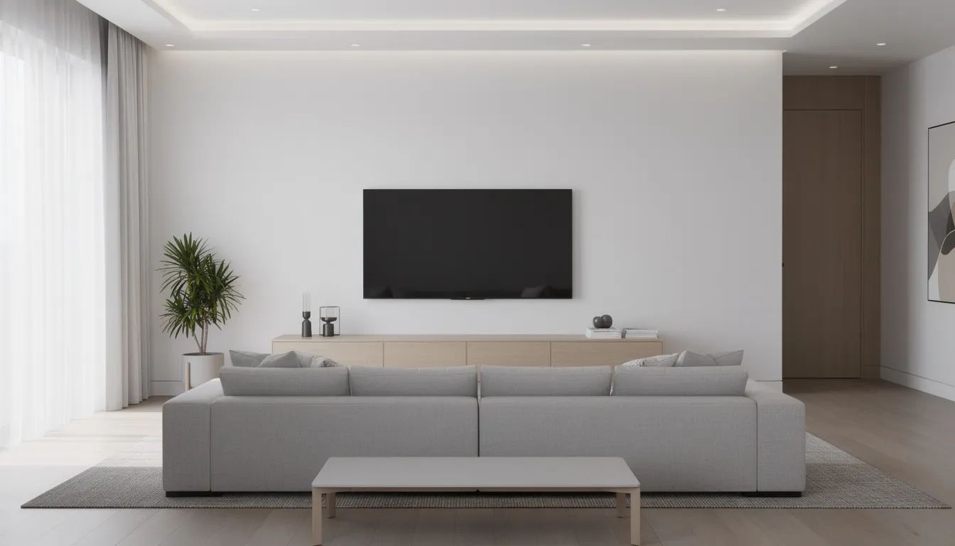 The image depicts a modern living room featuring a large wall-mounted television, complemented by organized cable management for a clean look. This setup is ideal for enjoying crystal clear viewing, often enhanced by professional DSTV installation services, ensuring optimal performance of your DSTV systems.