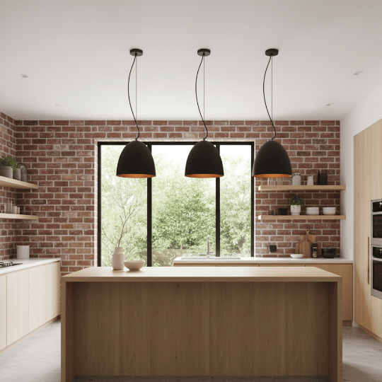 Matte black industrial pendant lights suspended over a modern kitchen island.
