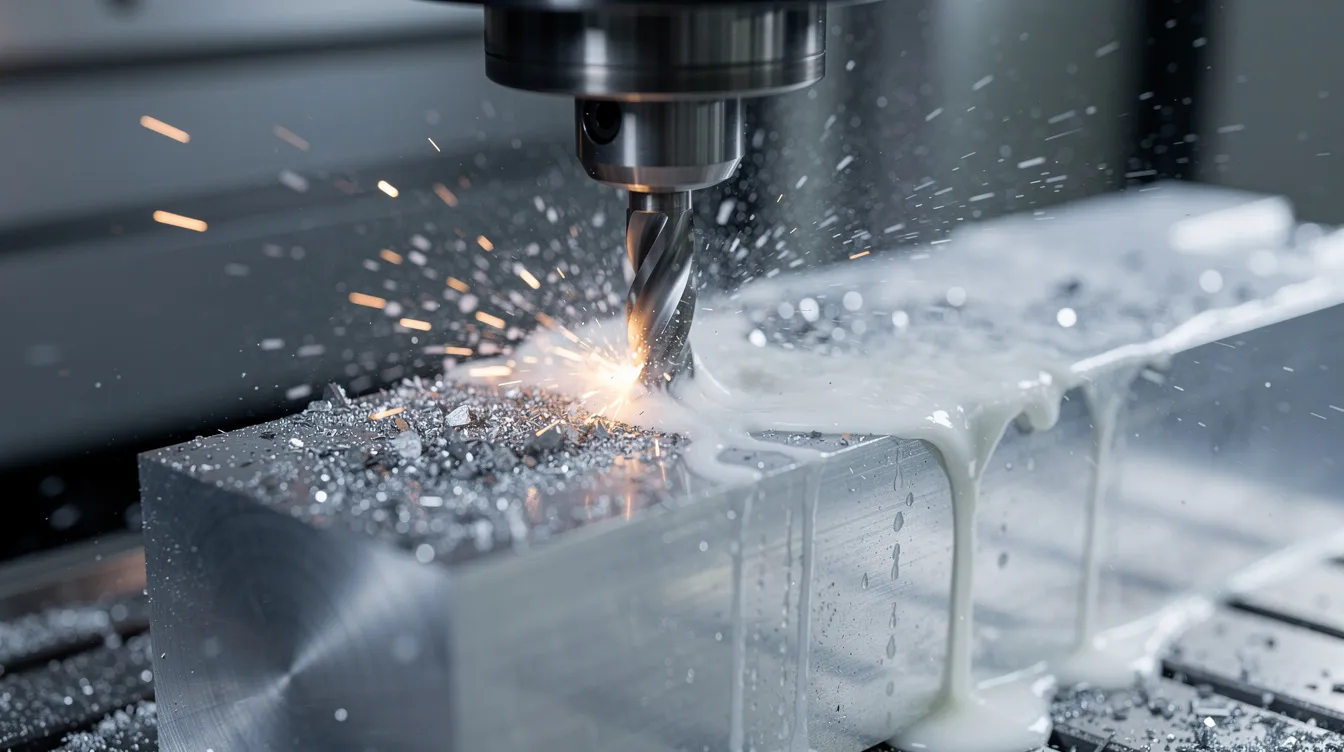 A close-up view of a CNC milling machine actively cutting through an aluminum block, with a visible coolant spray enhancing the machining process. This image illustrates the precision and efficiency of CNC machining services in producing high-quality machined parts.