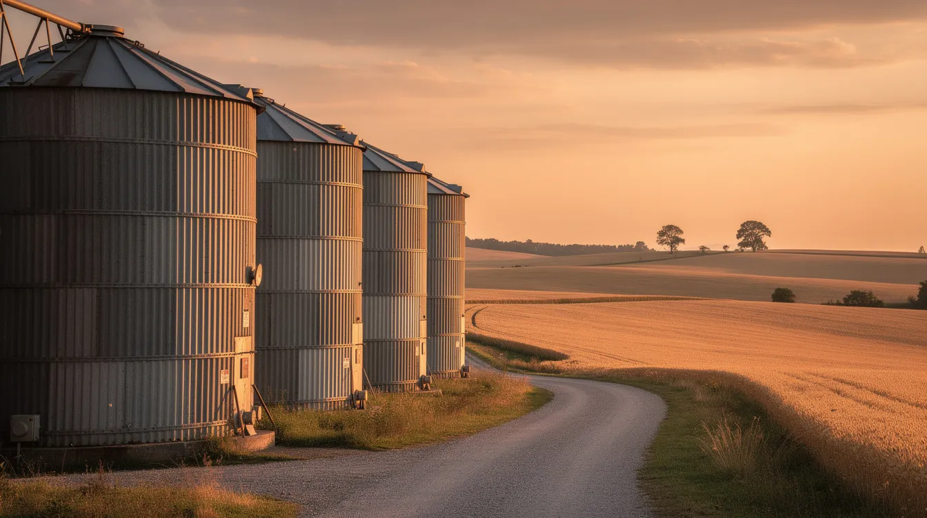 61b782fc bed6 4275 a449 ff48183f31c4 The image features multiple cylindrical grain storage silos silhouetted against a vibrant sunset, set within a rural agricultural landscape. These modern silos, designed for preserving grain quality and reducing spoilage, are essential for storing bulk quantities of various grains like wheat and maize during the harvest season.
