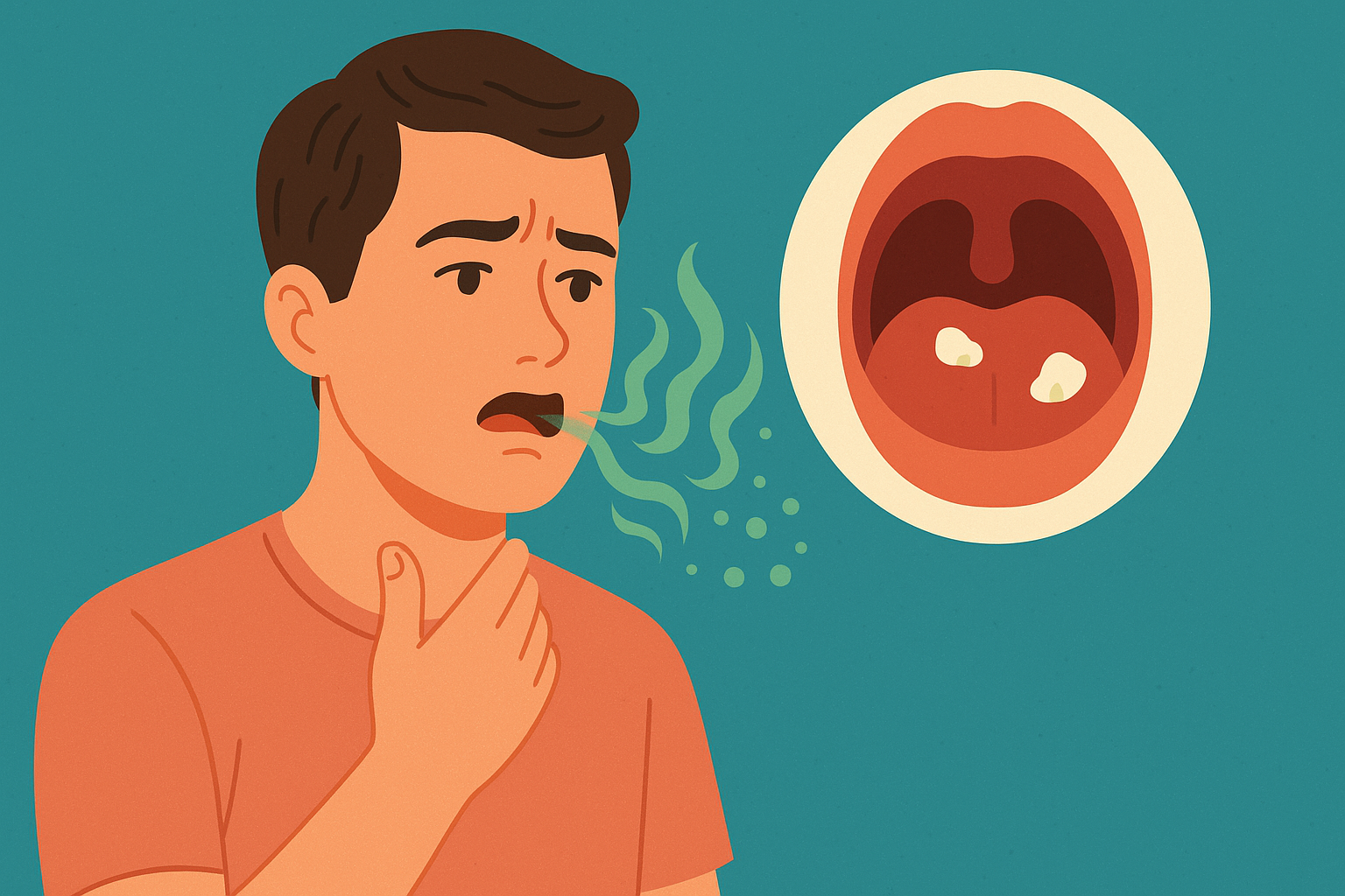 En mann holder seg til halsen med bekymret uttrykk, med grønn lukt som symboliserer dårlig ånde, og hvite klumper i halsen som illustrerer mandelstein.