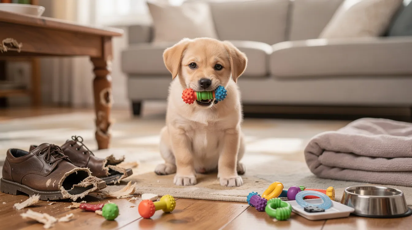 The image depicts a teething puppy surrounded by a variety of chew toys, showcasing its tiny, developing teeth and swollen gums. This scene captures the common challenges of the puppy teething phase, highlighting the importance of appropriate chew toys for relief during this critical stage of the puppy's development.