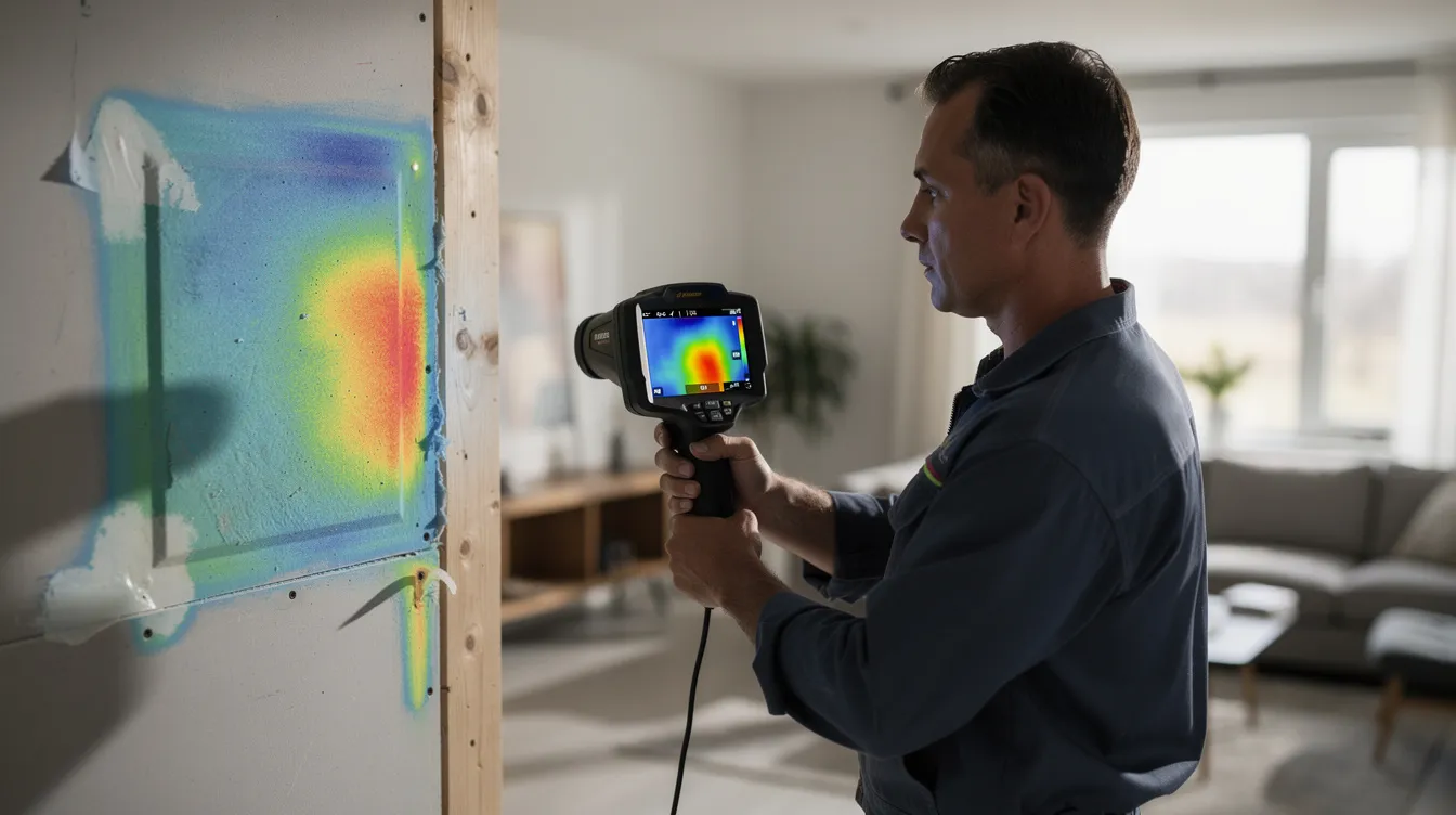 A technician is holding a thermal imaging camera aimed at a residential wall, revealing vibrant color heat patterns that indicate potential hidden leaks in the plumbing system. This method is essential for slab leak detection and helps homeowners identify and address water leaks before they cause significant damage.