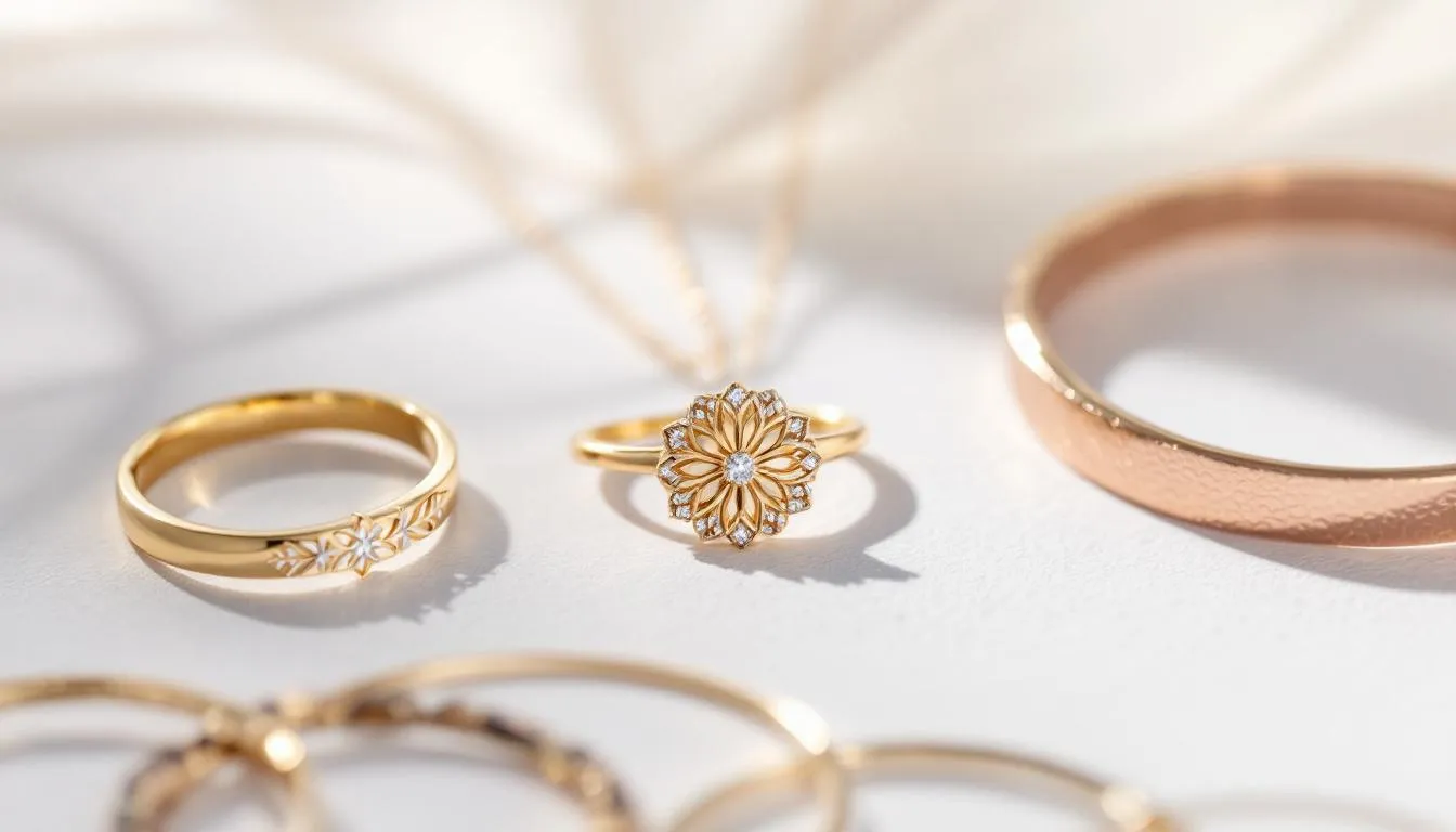 The image showcases a variety of gold jewelry options, including gold filled jewelry, vermeil gold, and rose gold pieces, highlighting the differences in gold thickness and base metals used. These gold plated items offer a cost-effective alternative to solid gold, making them a popular choice for those looking to enhance their jewelry collection.