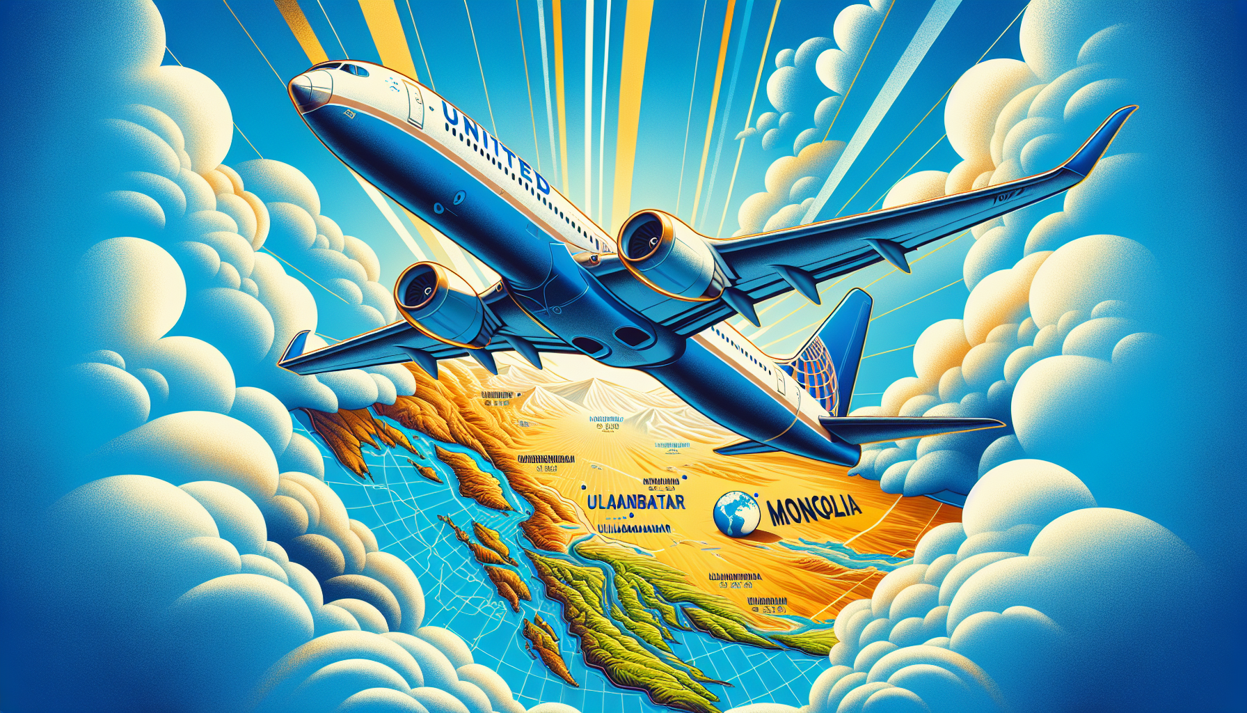 An illustration of a united airlines plane flying towards Mongolia.