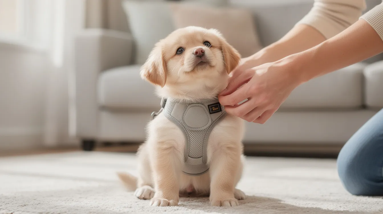 A small puppy is being gently fitted with a lightweight dog harness by its owner, who is carefully adjusting the straps around the dog's neck and chest for a secure and comfortable fit. The puppy looks curious and relaxed, enjoying the positive reinforcement of this new harness as it prepares for its first walk.