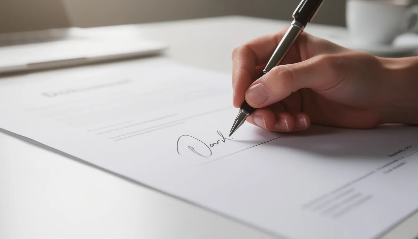 Na biurku znajduje się dokument, na kt&oacute;rym ręka podpisuje ważne informacje związane z praktykami pedagogicznymi. Obok leży dziennik praktyk, kt&oacute;ry dokumentuje przebieg zajęć lekcyjnych oraz asystowanie nauczycielowi.