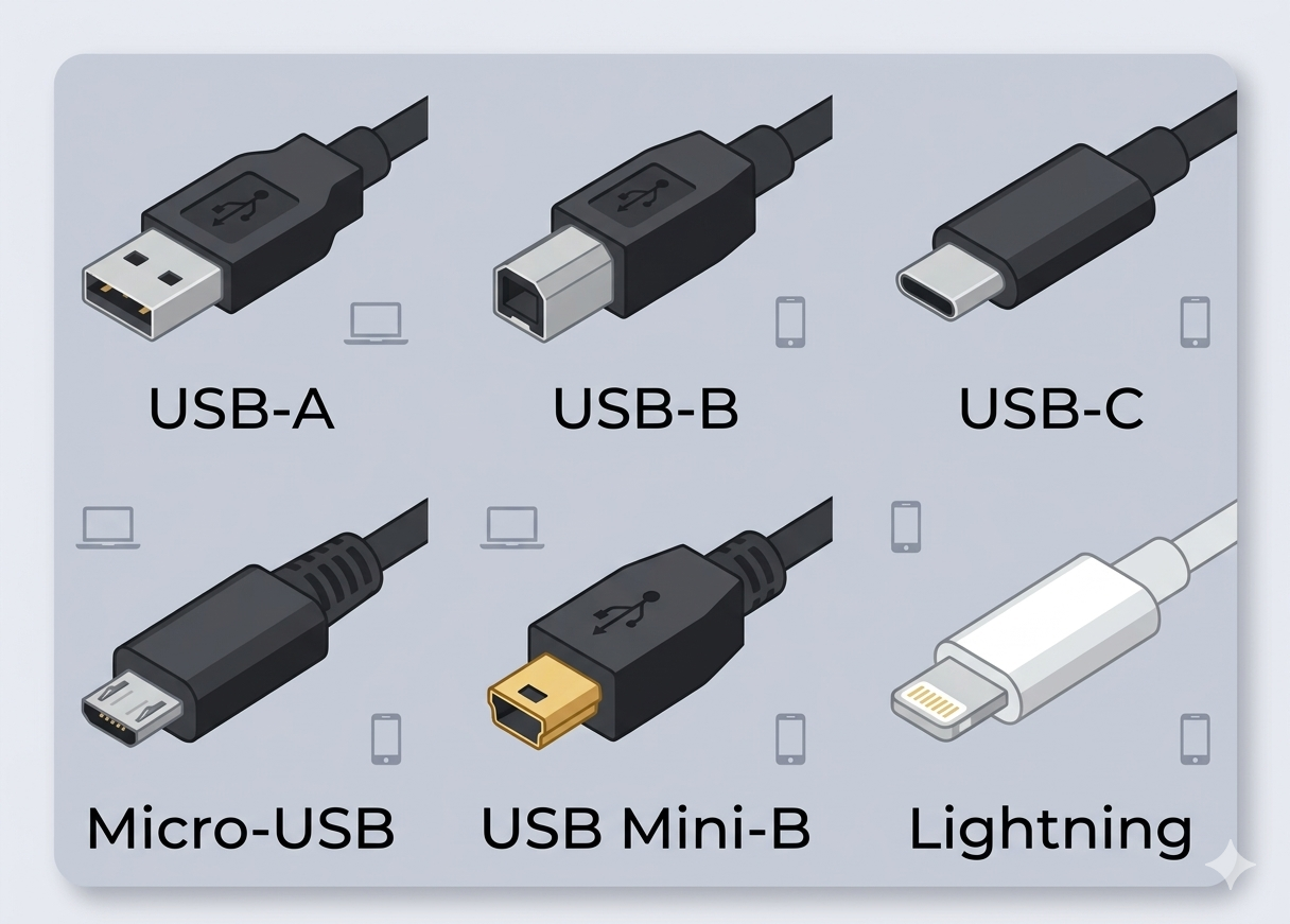 The six most common cable connector types: USB-A, USB-B, USB-C, Micro-USB, USB Mini-B, and Lightning.