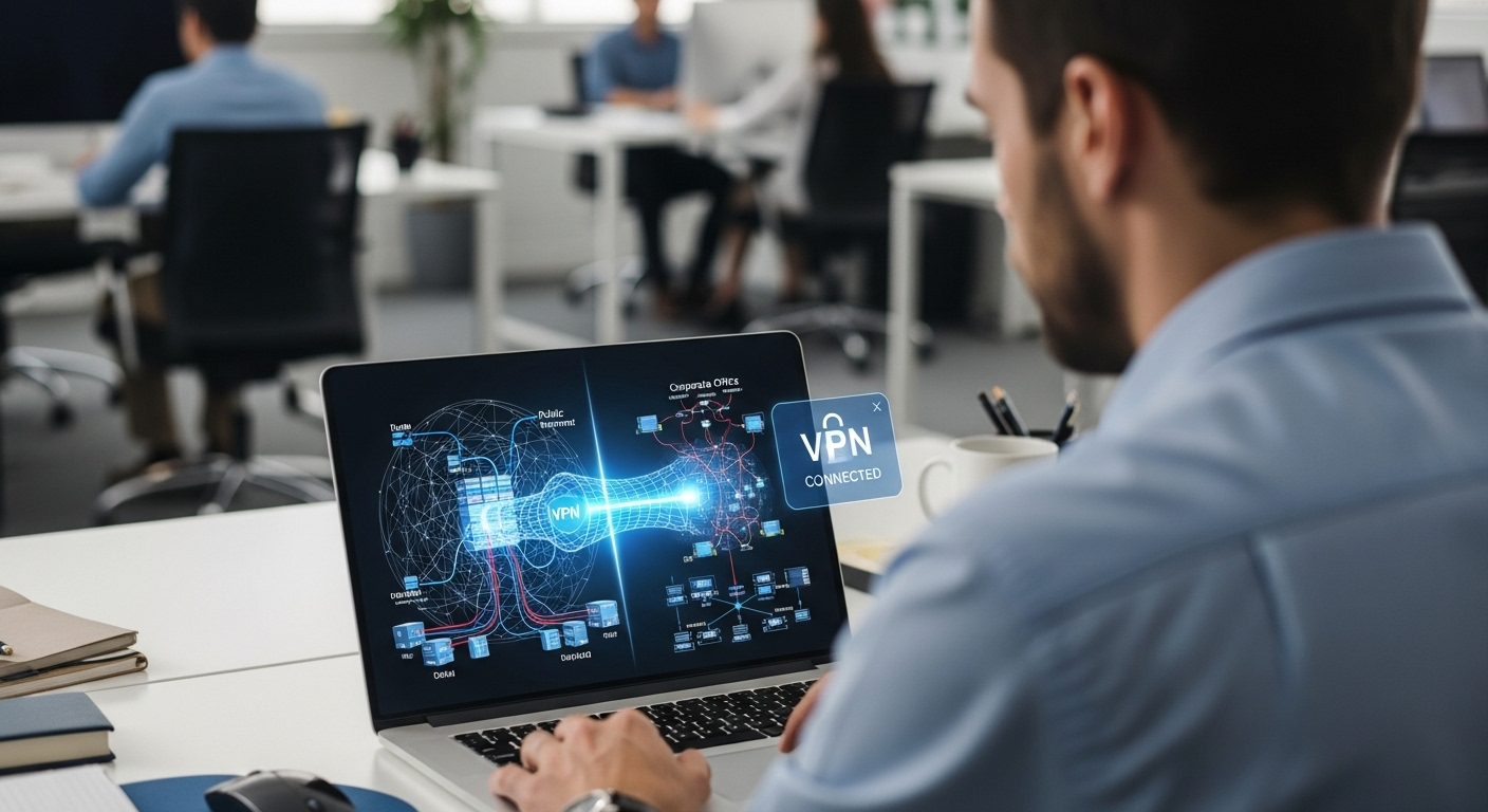 "User connecting to office resources through a VPN, showing a protected pathway over a public internet connection.