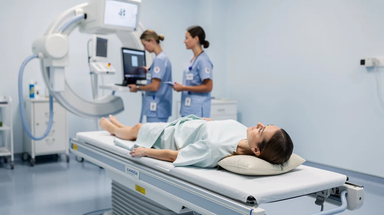 En patient ligger bekvämt på röntgenbordet under en magnetröntgenundersökning, medan personalen står i bakgrunden och förbereder sig för att utföra undersökningen av kroppens inre organ. Rummet är lugnt och professionellt, med fokus på att ge patienten den information som behövs inför undersökningen.