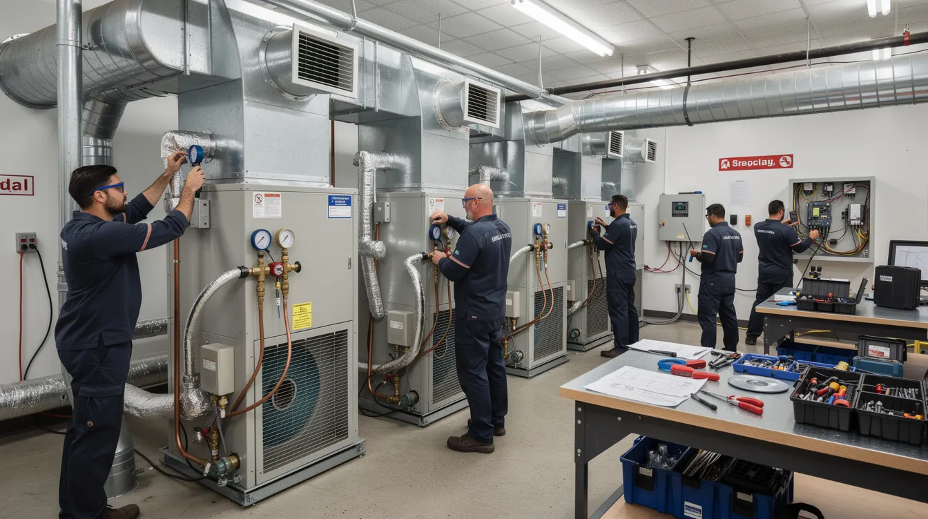 A group of apprentices is collaborating in an HVAC training lab, surrounded by various ductwork and refrigeration equipment, demonstrating hands-on training essential for their HVAC technician apprenticeship. This environment fosters skill development and prepares them for careers in the skilled trades within the construction industry.