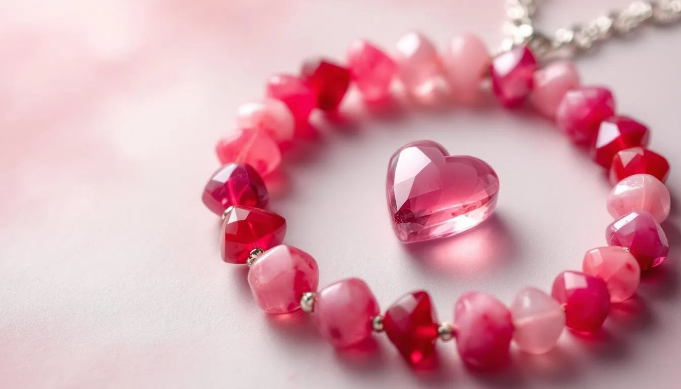 In this image, a collection of heart chakra bracelets is displayed, showcasing vibrant colors and unique designs that symbolize love and emotional healing. Each bracelet is carefully arranged to invite viewers to discover their significance and enhance their day with positive energy.