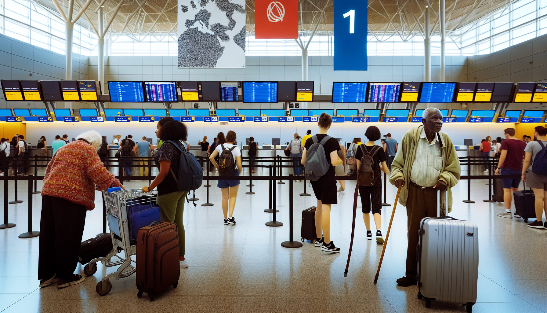 Passengers walking towards Lufthansa check-in area at JFK Terminal 1