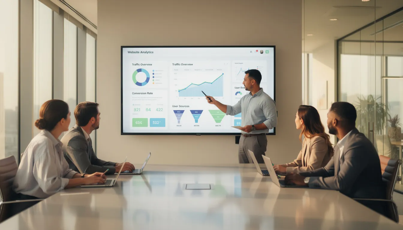 A marketing team is gathered in a modern office, intently reviewing website analytics displayed on a large screen. They discuss strategies for optimizing their business website's performance in search engines, focusing on traffic, keywords, and real-time collaboration to enhance their online presence.