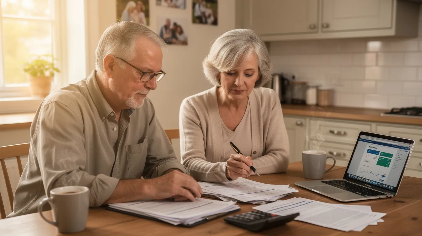 An older couple sits at a kitchen table, reviewing financial paperwork that includes details about their taxable income and charitable contributions. They appear focused as they discuss strategies for qualified charitable distributions to enhance their tax benefits and support eligible charities.