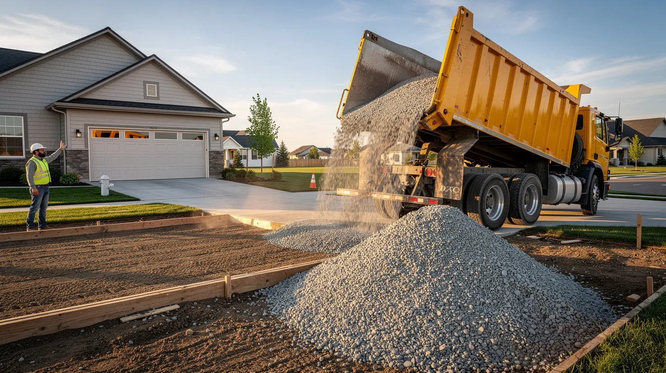 A dump truck is unloading a load of gravel onto a residential driveway that is currently under construction, providing essential material for the soil structure and drainage. This crushed limestone will help create a durable surface for the driveway and landscaped areas.