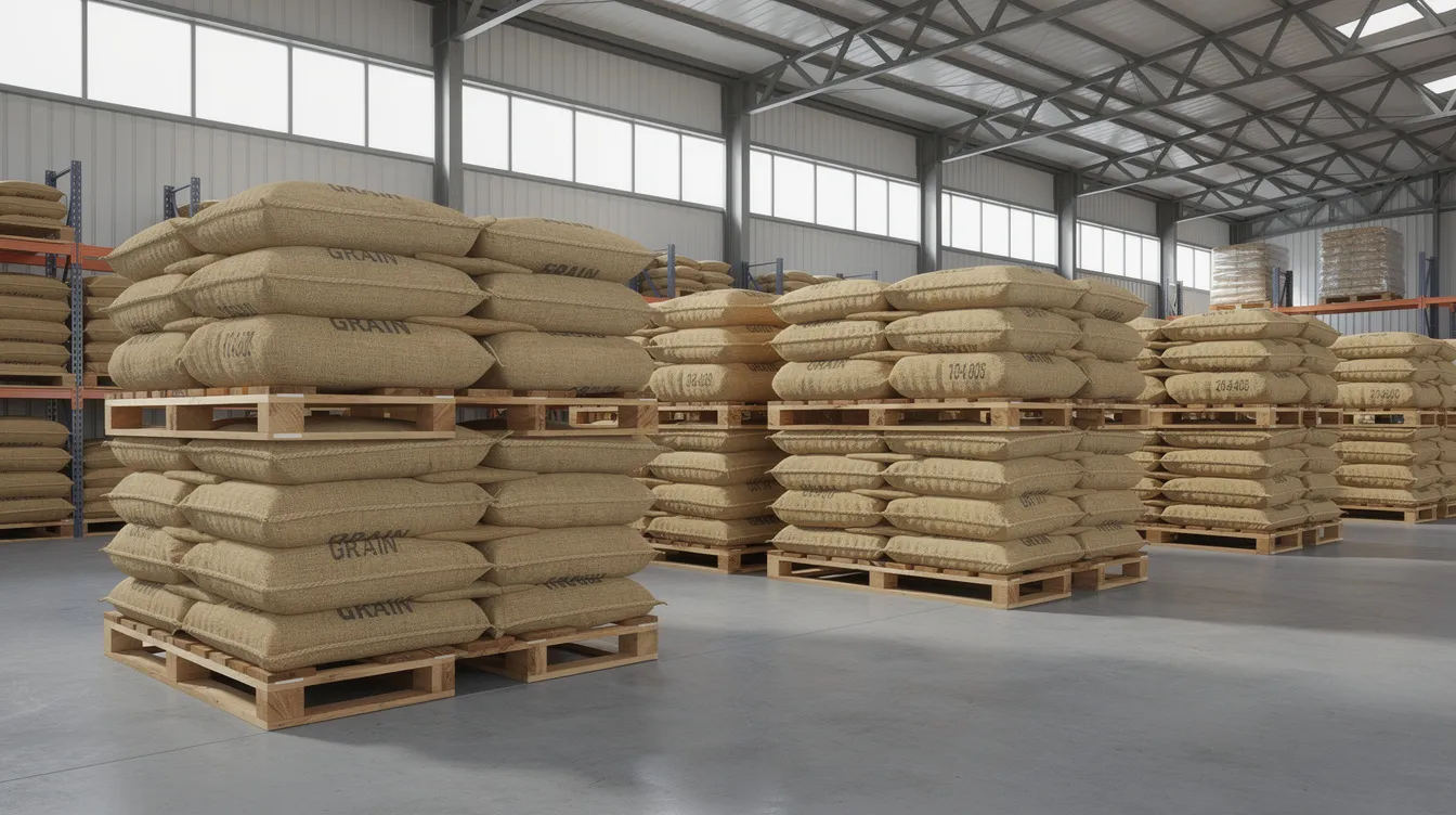 61cf14bf 6235 444a a707 be94e69bd9c0 The image depicts a clean warehouse interior featuring neatly stacked jute bags of grain on wooden pallets, which are essential raw materials for the production of gram flour, also known as besan, in the food processing industry. The organized setup highlights the importance of maintaining product quality and efficiency in besan mill plants.