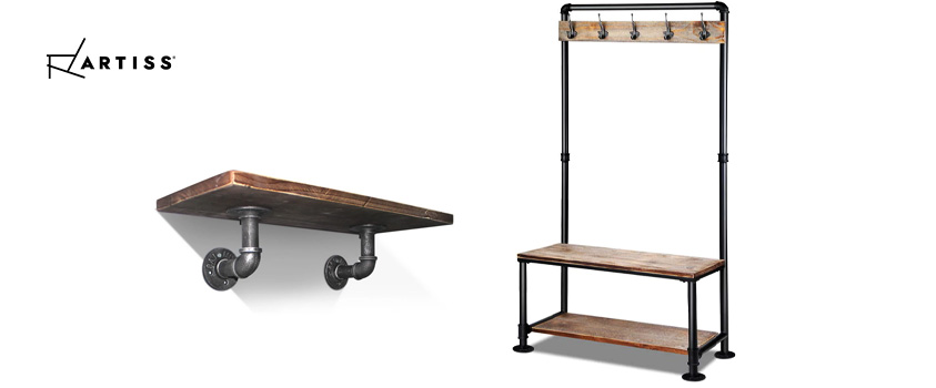 An Artiss industrial style pipe shelf and industrial style coat rack and shoe storage.