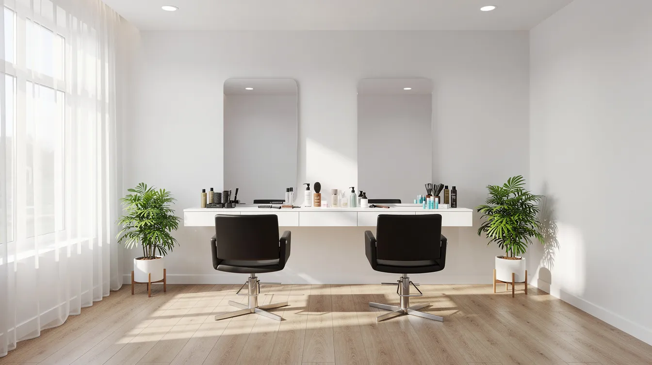 61cf6410 ba71 4116 a3a2 37688845a80c The image depicts a modern small beauty salon featuring sleek styling chairs and large mirrors in a bright, inviting room. This space could be ideal for entrepreneurs looking to start their own beauty business, potentially benefiting from funding options like mudra loans offered by small finance banks and commercial banks.
