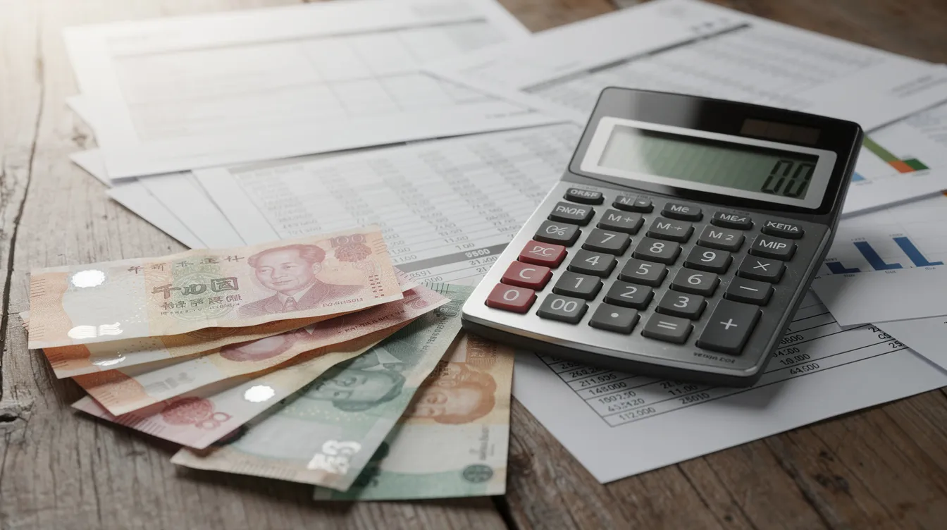 The image features a calculator alongside various financial documents and Hong Kong dollar banknotes spread out on a wooden desk, suggesting a focus on financial planning and loan applications for small and medium enterprises. This setup reflects the importance of financial management in securing 中小企業貸款 and navigating the complexities of financing options.