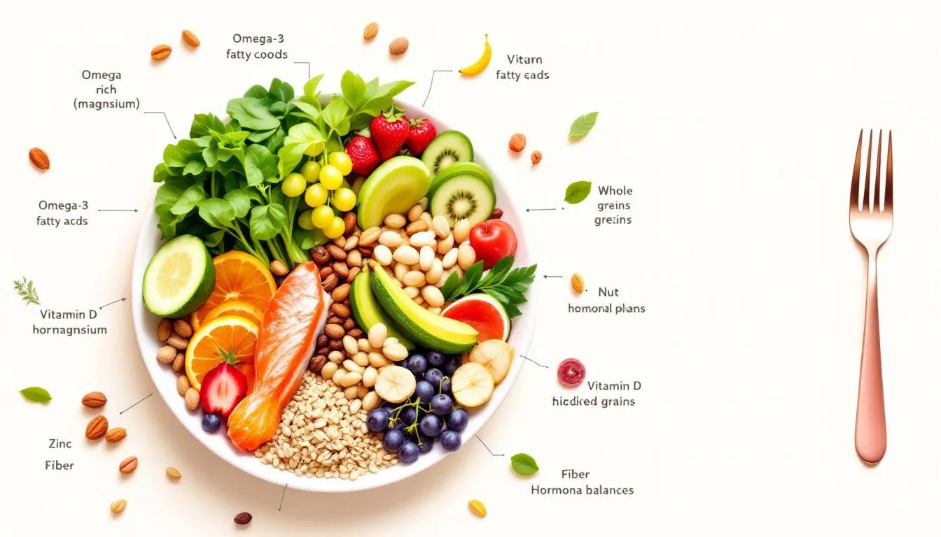 In the image, a variety of colorful fruits, vegetables, and supplements are displayed, symbolizing essential nutrients for maintaining hormonal balance. This visual emphasizes the importance of a balanced diet and dietary supplements in supporting hormone health and managing hormonal imbalances.