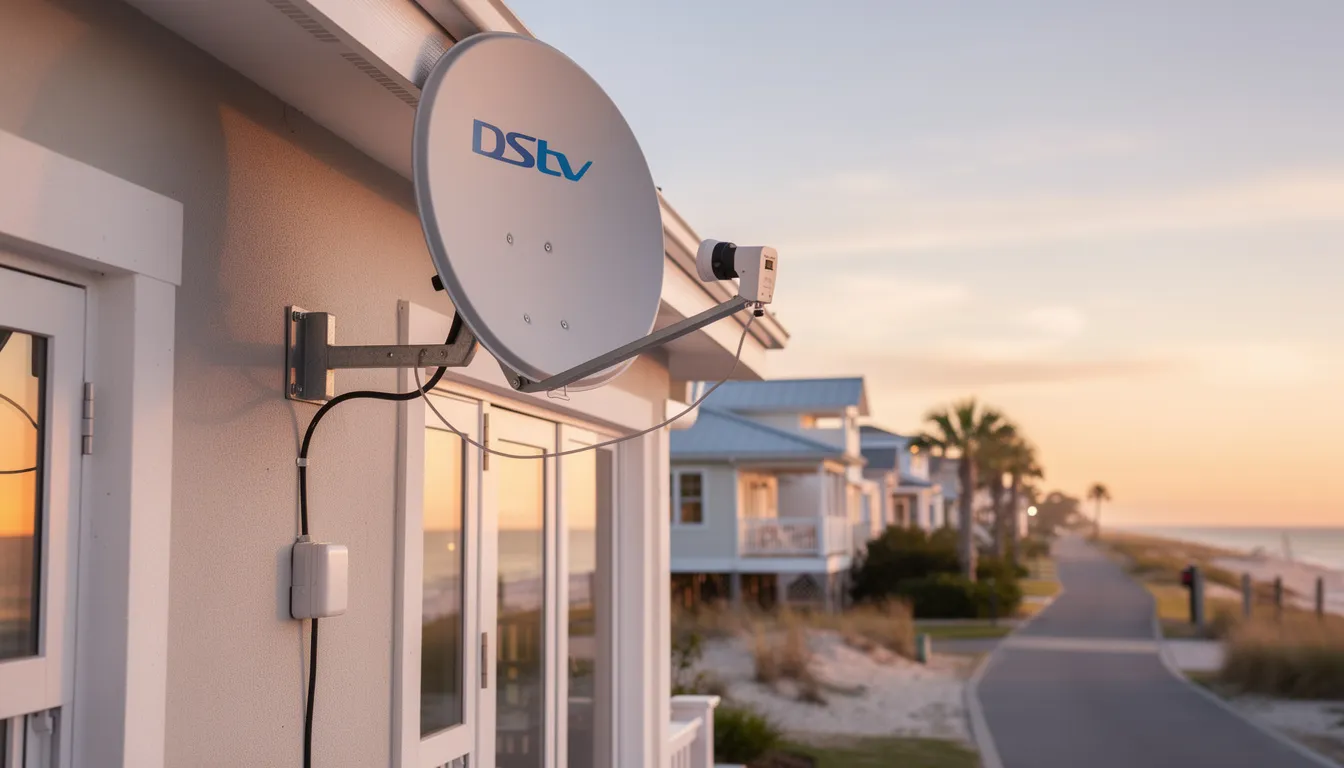 The image depicts a professional technician performing a standard DSTV installation at a home in Sunset Beach, showcasing a satellite dish being securely mounted on the roof. The scene emphasizes the importance of reliable signal quality and professional installation services for optimal home entertainment.