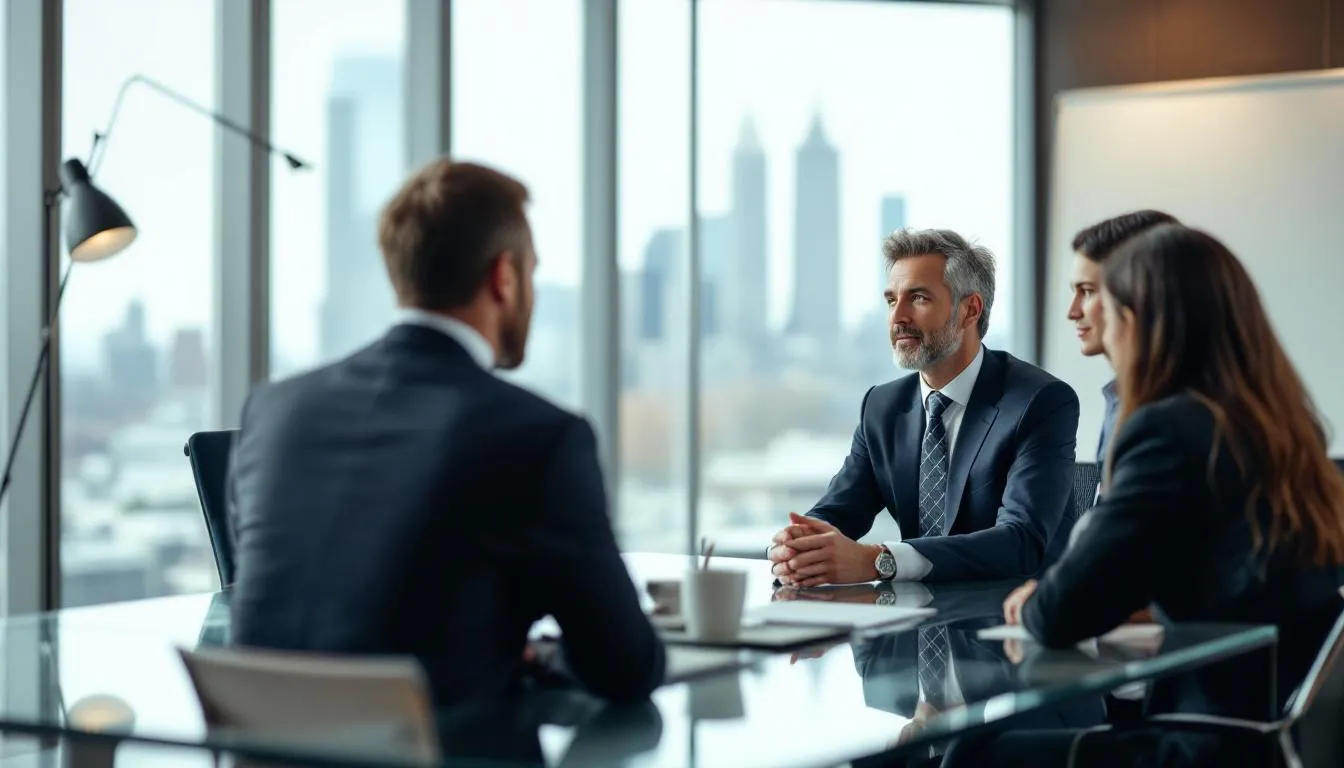 A professional financial advisor is seated at a modern office table, discussing important financial strategies with a group of clients. The setting reflects a space designed for business discussions, emphasizing trust and the value of teamwork in planning for the future.
