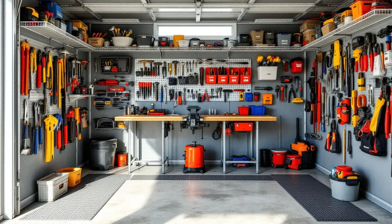 The image shows the interior of a well-organized storage shed, featuring a variety of gardening tools and equipment neatly arranged in a dedicated workspace area. The shed's design allows for efficient outdoor storage, making it an ideal solution for keeping garden space tidy and accessible.