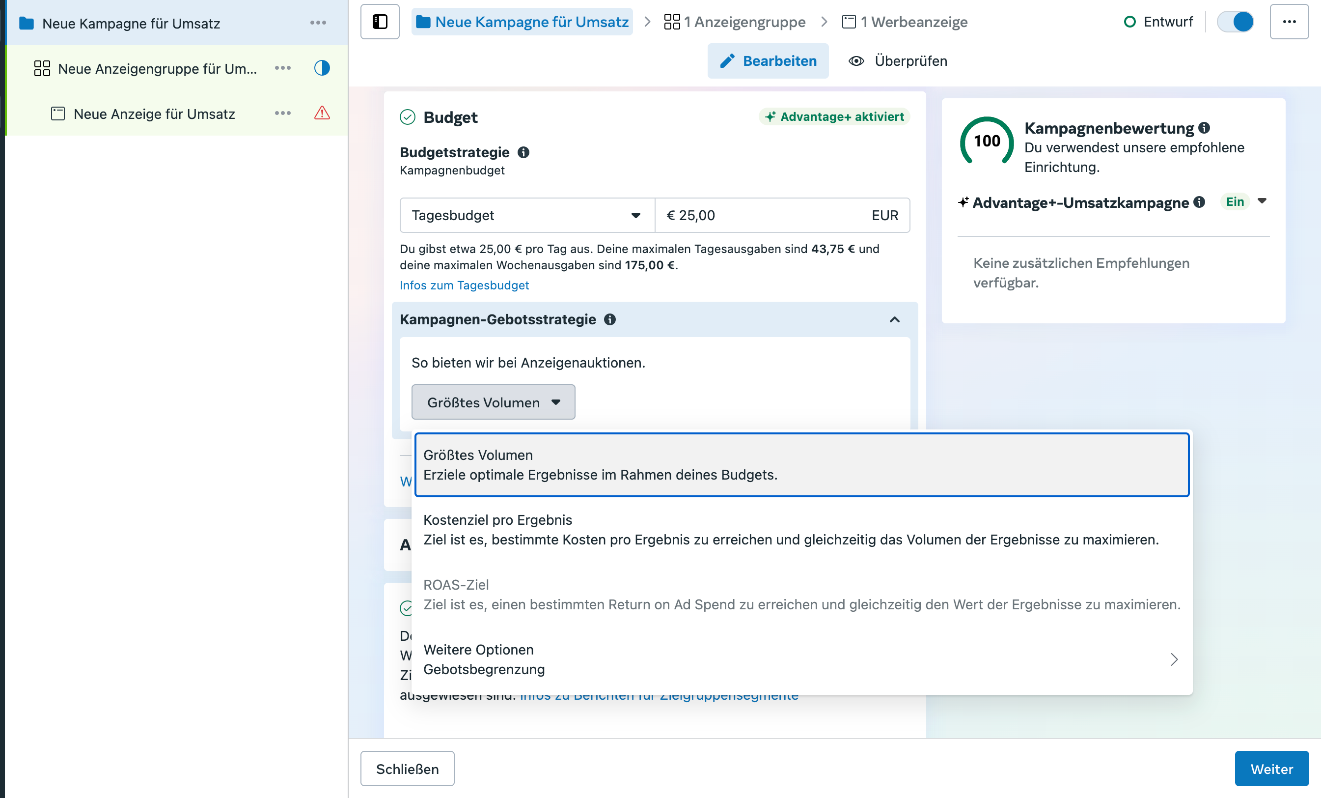 Ziel ROAS Option auf Meta