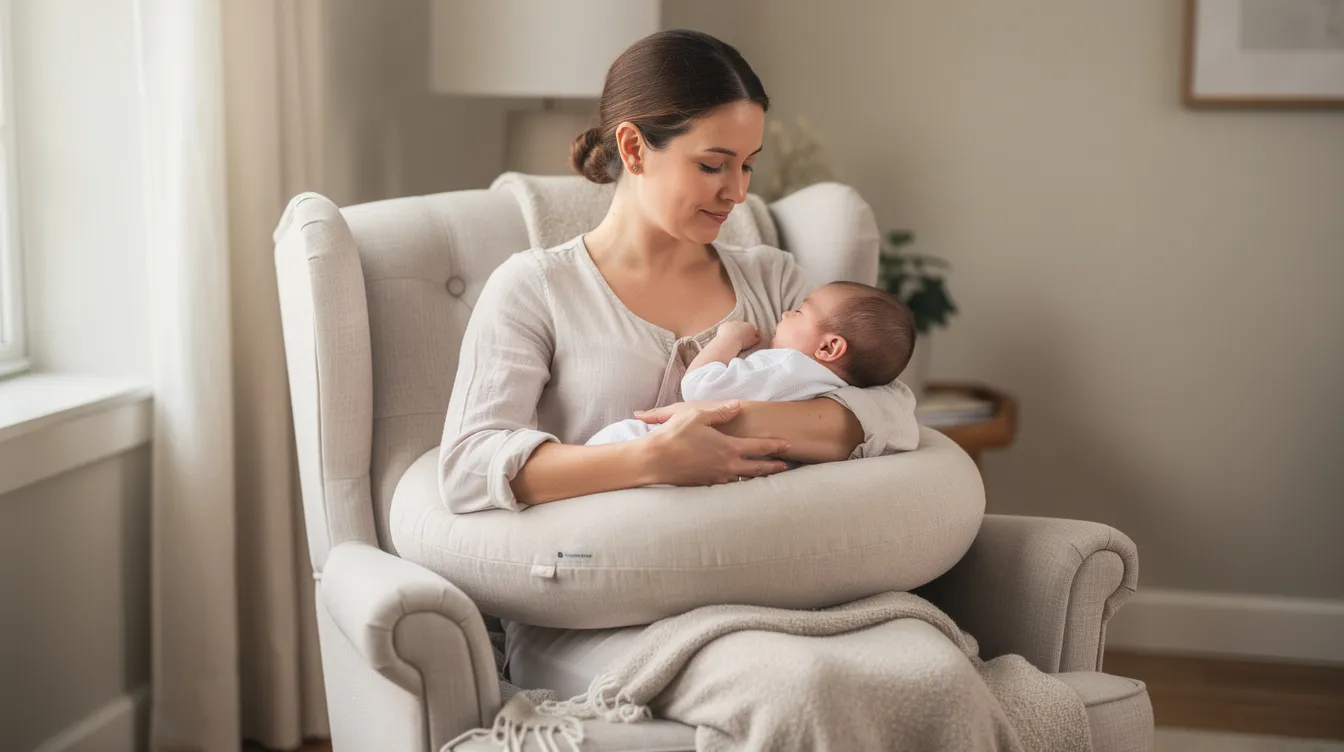 A mother is seated comfortably while breastfeeding her baby, using a supportive nursing pillow to enhance the experience. This image highlights the nurturing bond between mother and child, showcasing the mother's ability to breastfeed after undergoing inverted nipple surgery, which may have improved her milk flow and overall breastfeeding experience.