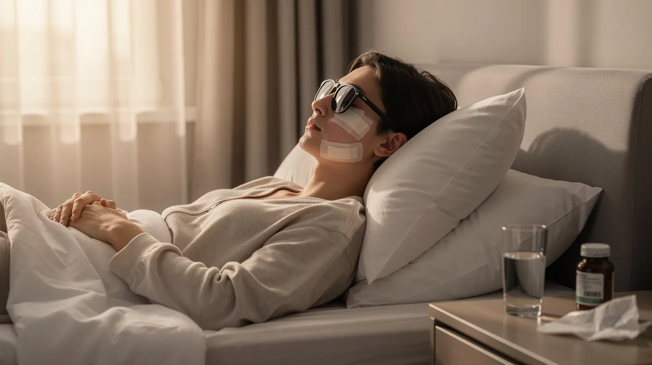 A person is resting indoors with their head elevated on a pillow, wearing sunglasses as part of their upper blepharoplasty recovery process. The scene illustrates the healing process after eyelid surgery, highlighting the importance of rest and proper care during the recovery period.